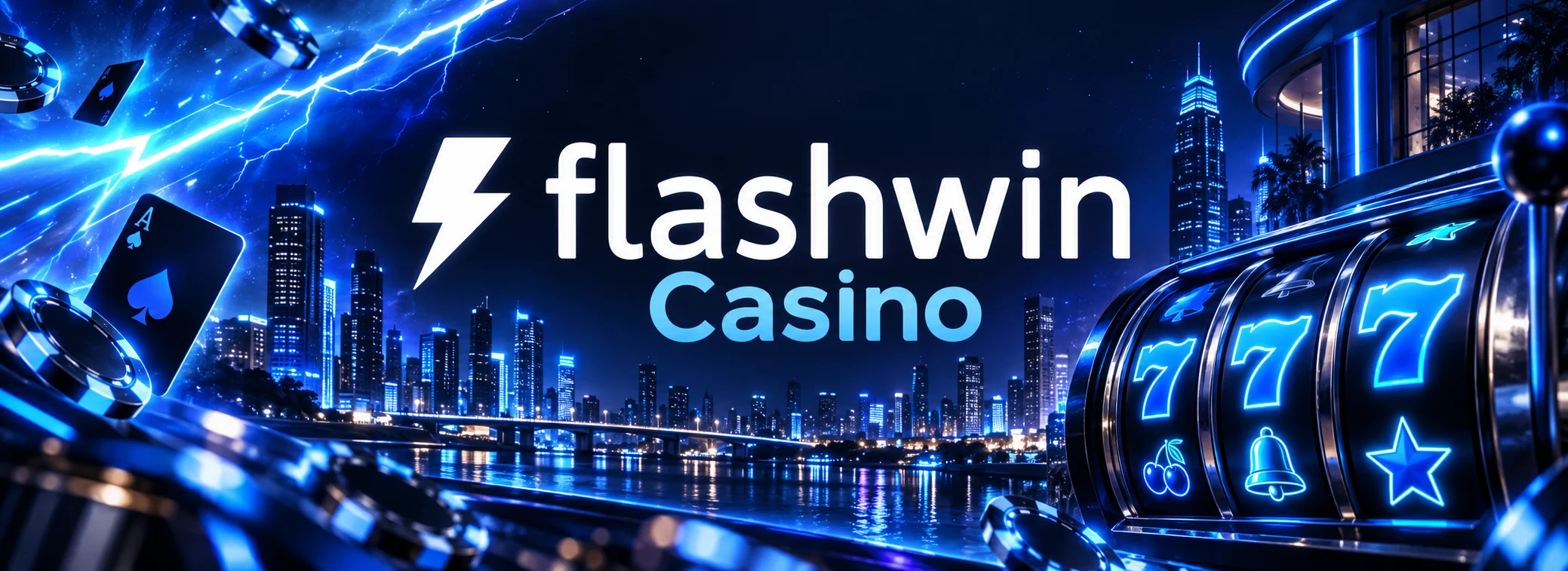 Fulger albastru deasupra unui oraș noaptea și role de păcănele, bannerul FlashWin Casino